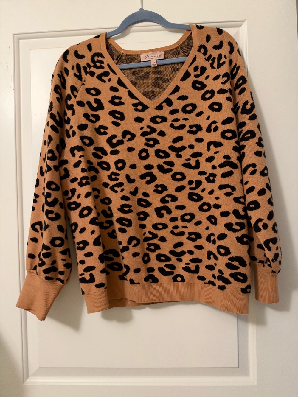 Philosophy Leopard Print V-Neck Sweater in Camel and Black